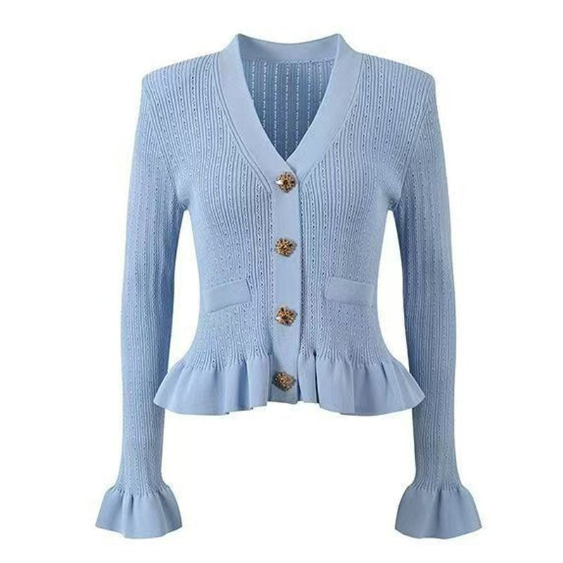 Refined V-Neck Cardigan with Metal Button Detail