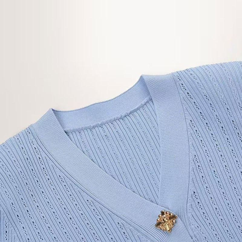 Refined V-Neck Cardigan with Metal Button Detail