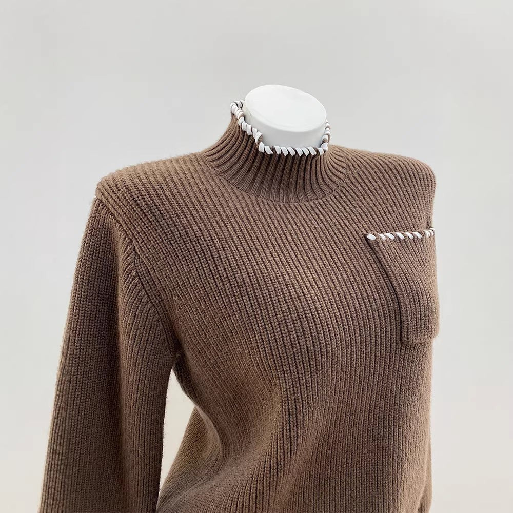 Wool Blend High Neck Knit Top with Hand-Stitched Trim
