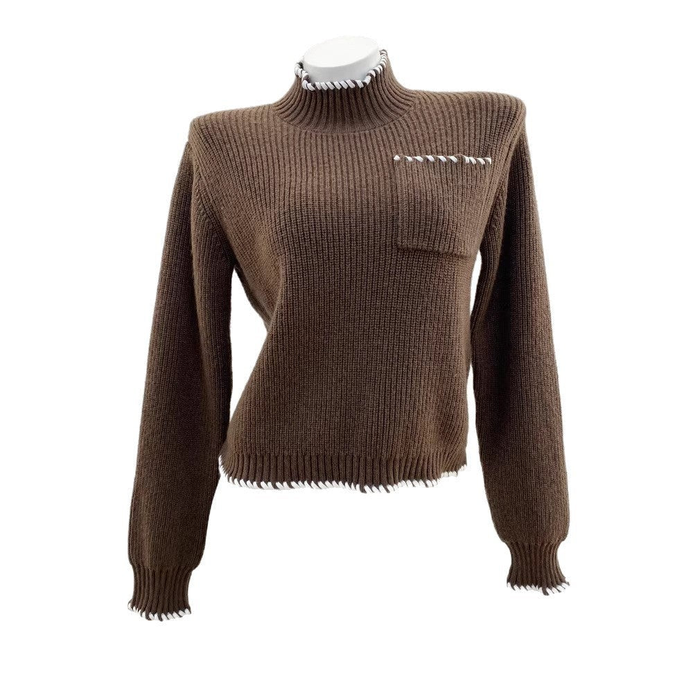 Wool Blend High Neck Knit Top with Hand-Stitched Trim