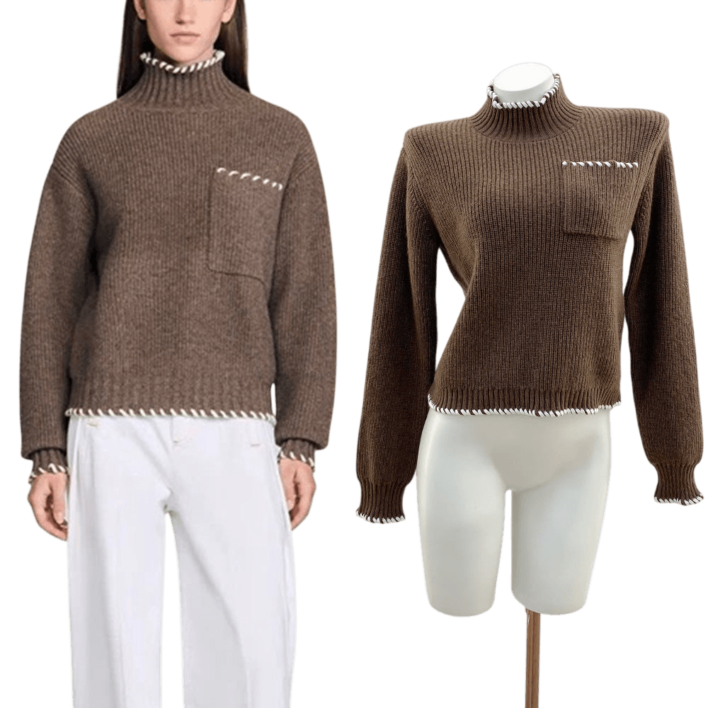 Wool Blend High Neck Knit Top with Hand-Stitched Trim