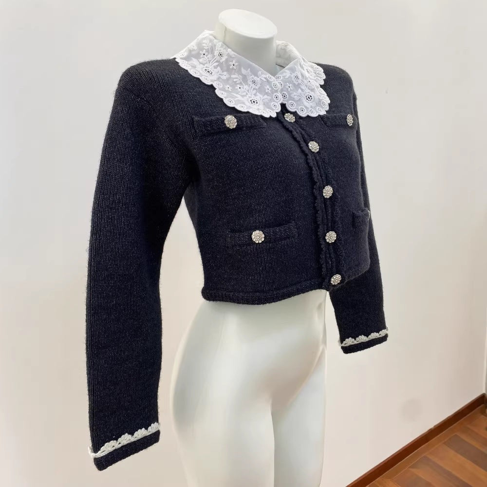 Lace-Trimmed Peter Pan Collar Knit Sweater