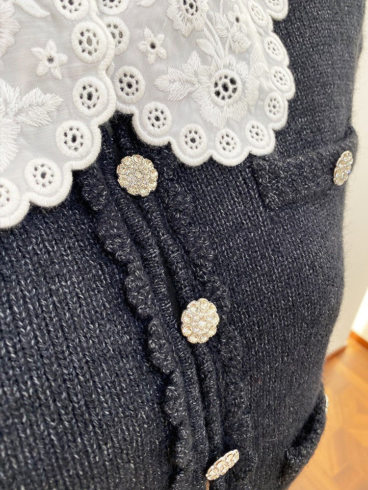 Lace-Trimmed Peter Pan Collar Knit Sweater