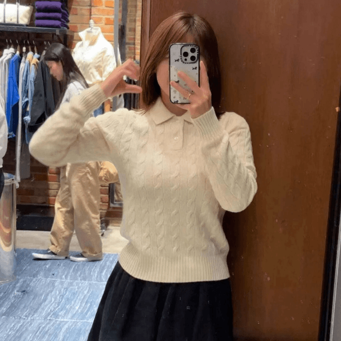 Cable Knit Wool Polo Sweater