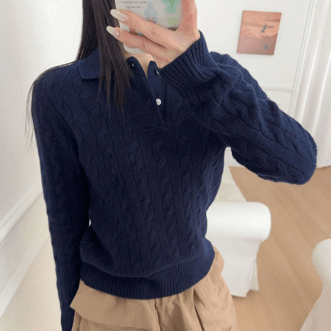 Cable Knit Wool Polo Sweater