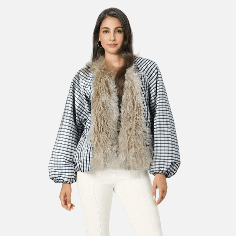 Checkered Fur-Collar Coat