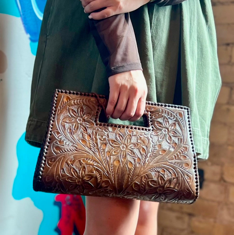 The Caroline| Hand-Tooled Leather Clutch & Crossbody