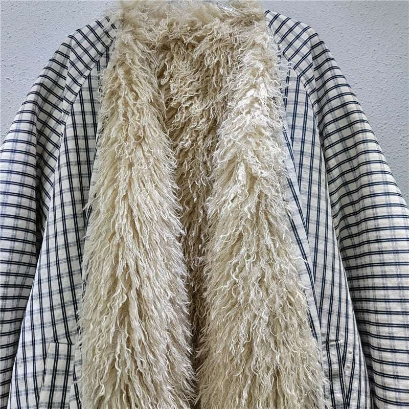 Checkered Fur-Collar Coat