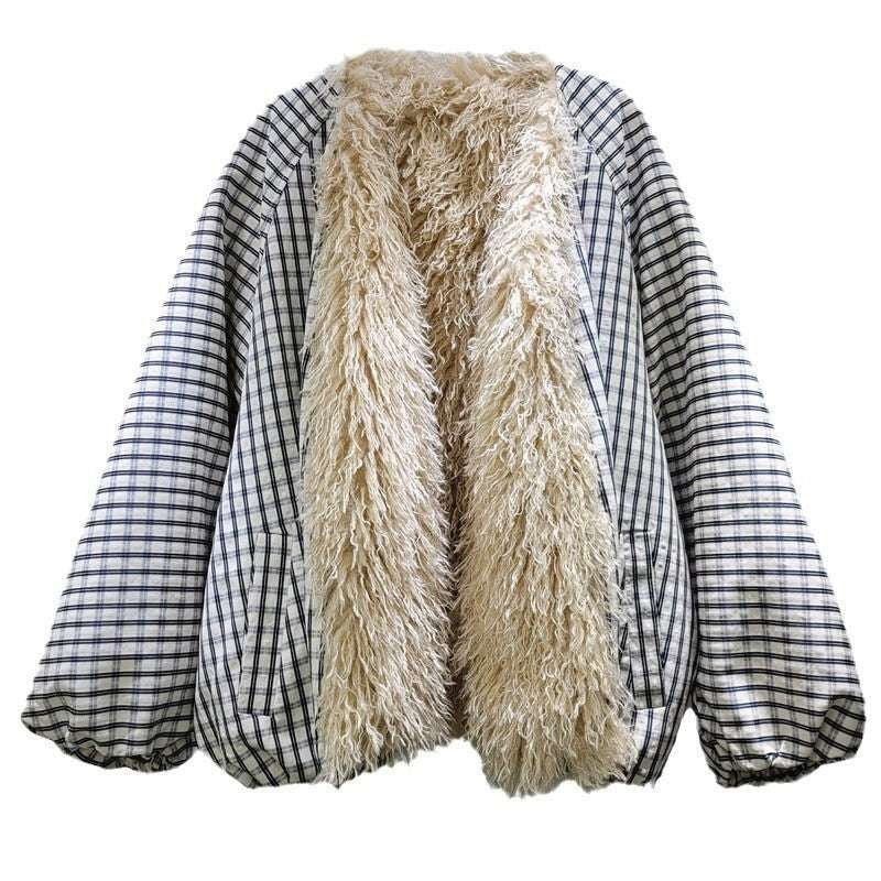 Checkered Fur-Collar Coat