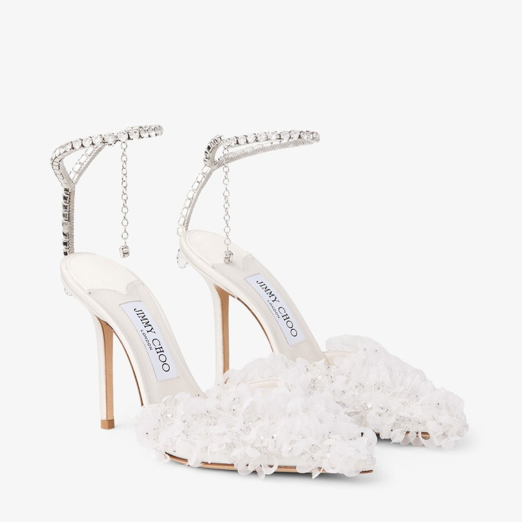 Jimmy Choo Saeda 100 Petal-Embroidered Mesh Pumps in Ivory