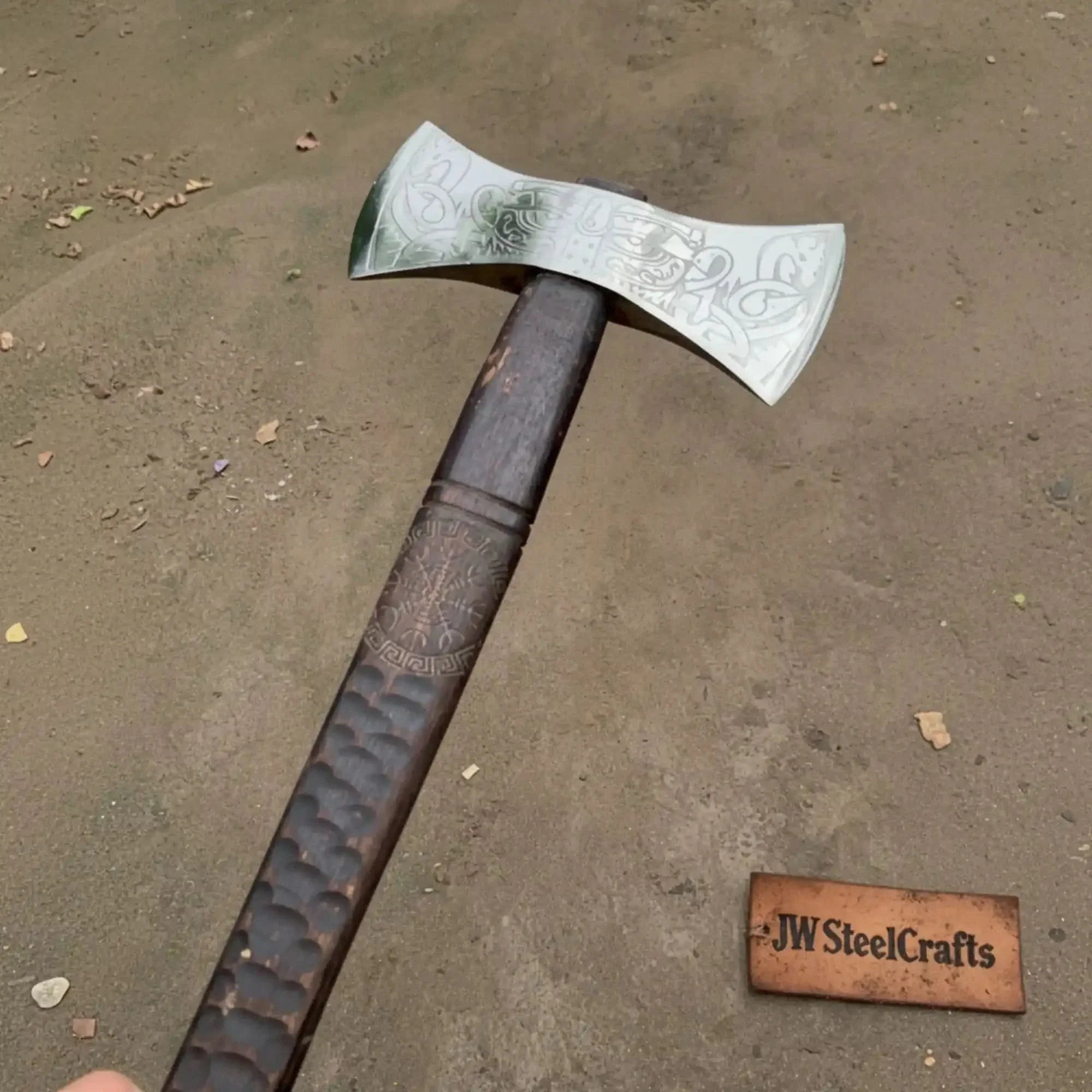 American Double Bit Axe with Wood Handle and Engraved Head