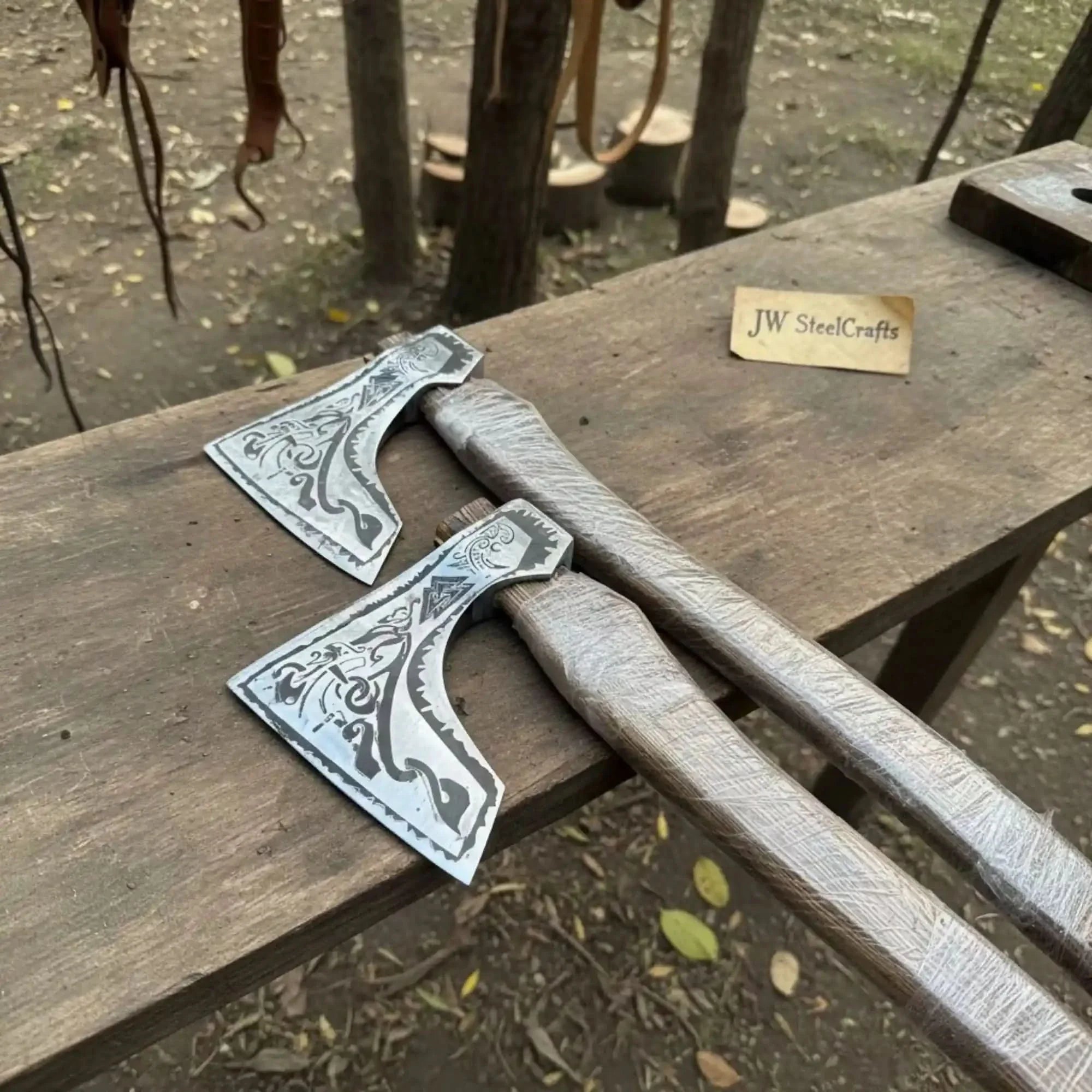 Norse Bearded Axe Pair — Viking Style Handmade Wood Cutting Tool