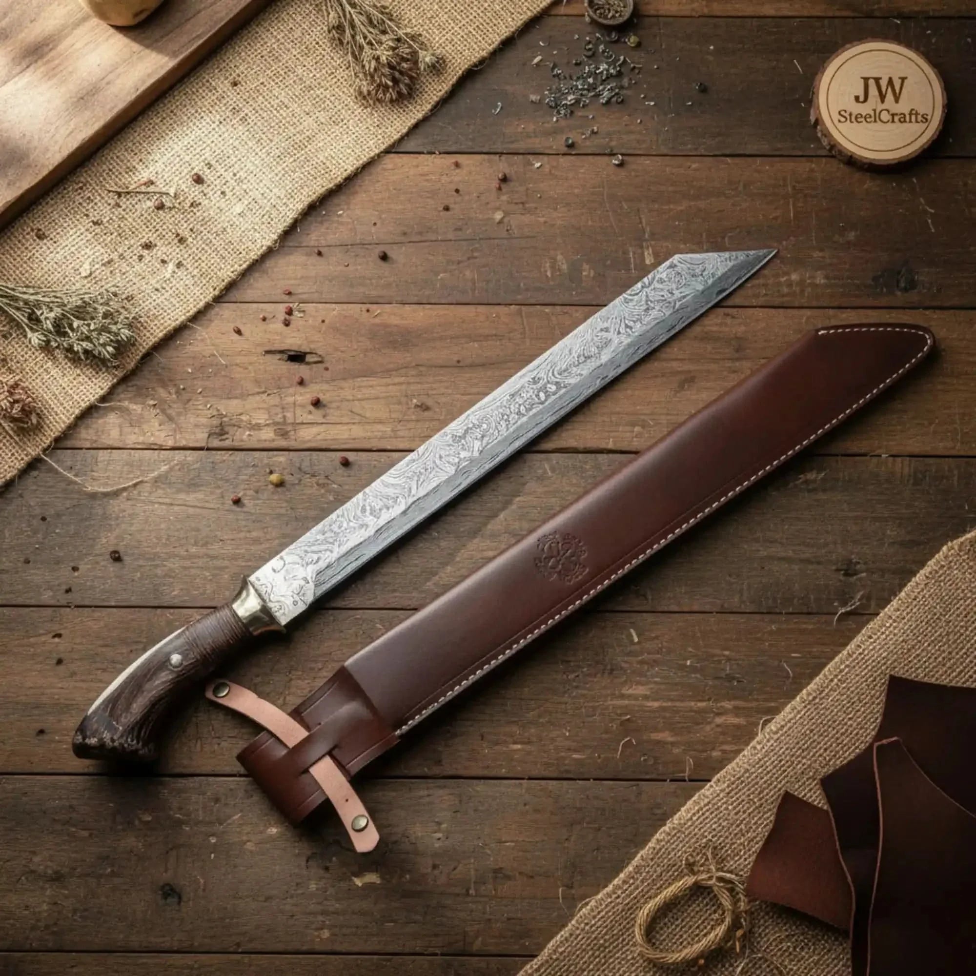 Long Seax Knife Straight Back Blade-Damascus steel | Medieval Style Knife