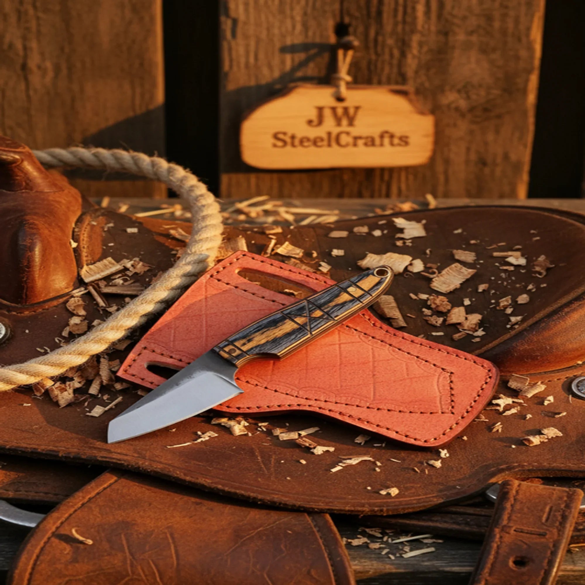 Trail Cleaver Skinner Knife Pakka Wood Handle Full Tang Western Pancake Leather Sheath 7"
