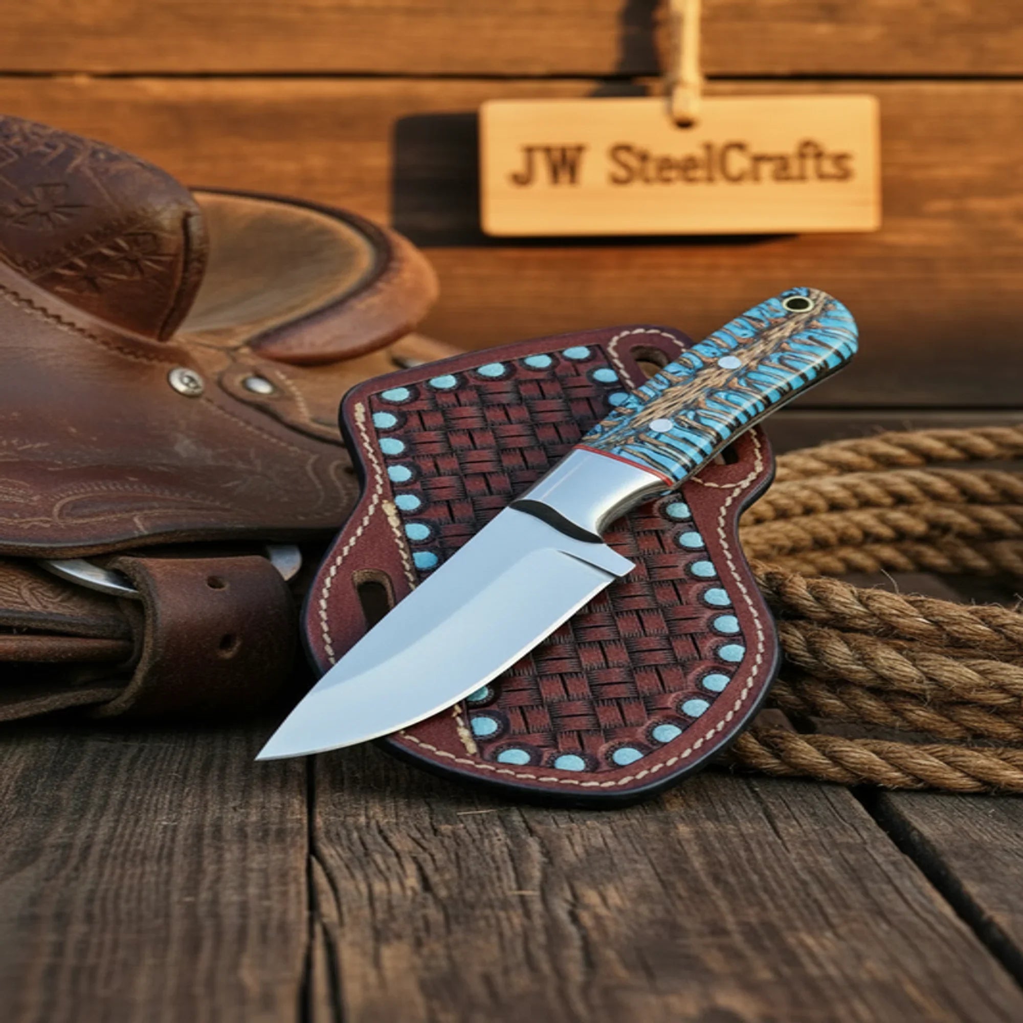 Pinecone Resin Skinner Knife – Hand-Forged D2 Steel Drop Point Blade with Turquoise Handle