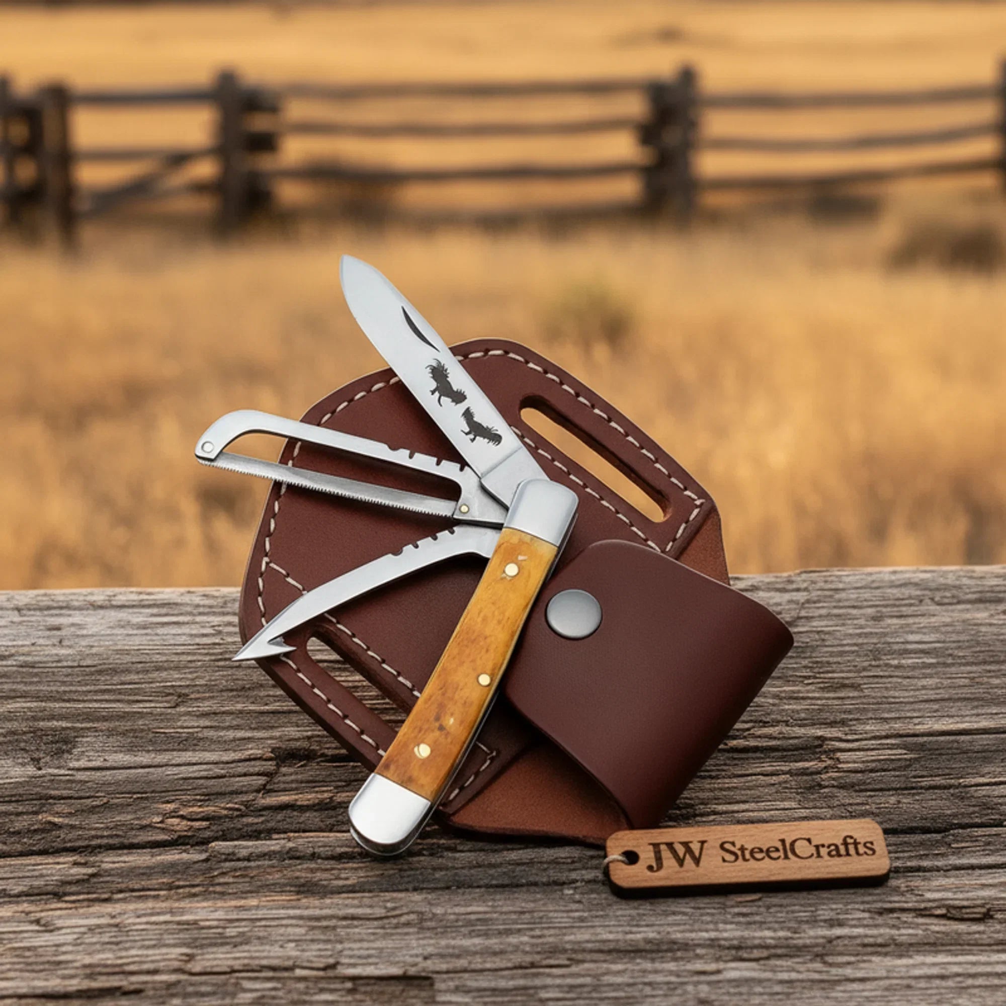 Handmade 3 Blade Trapper Knife, Carbon Steel, Olive Wood Handle, Engraved