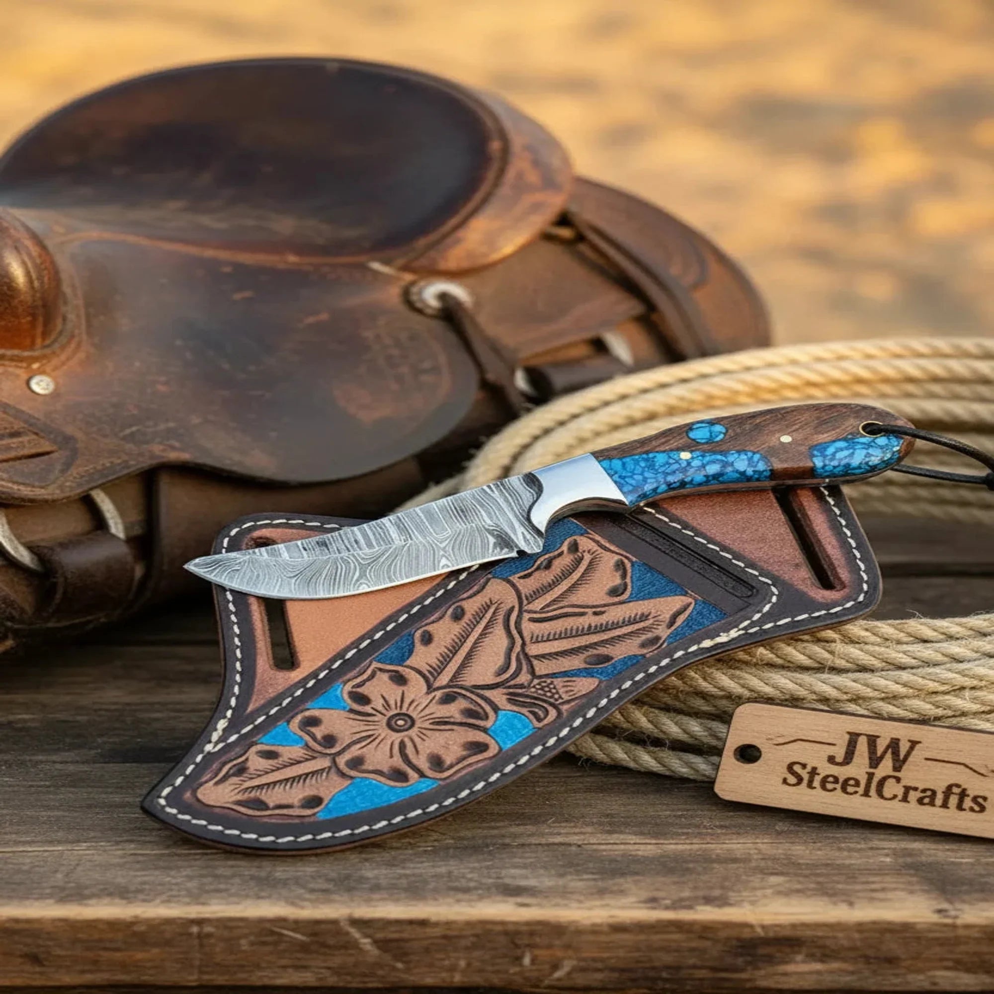 Damascus Turquoise Skinner Knife Rosewood Blue Resin Handle Hand Engraved Sheath 7"