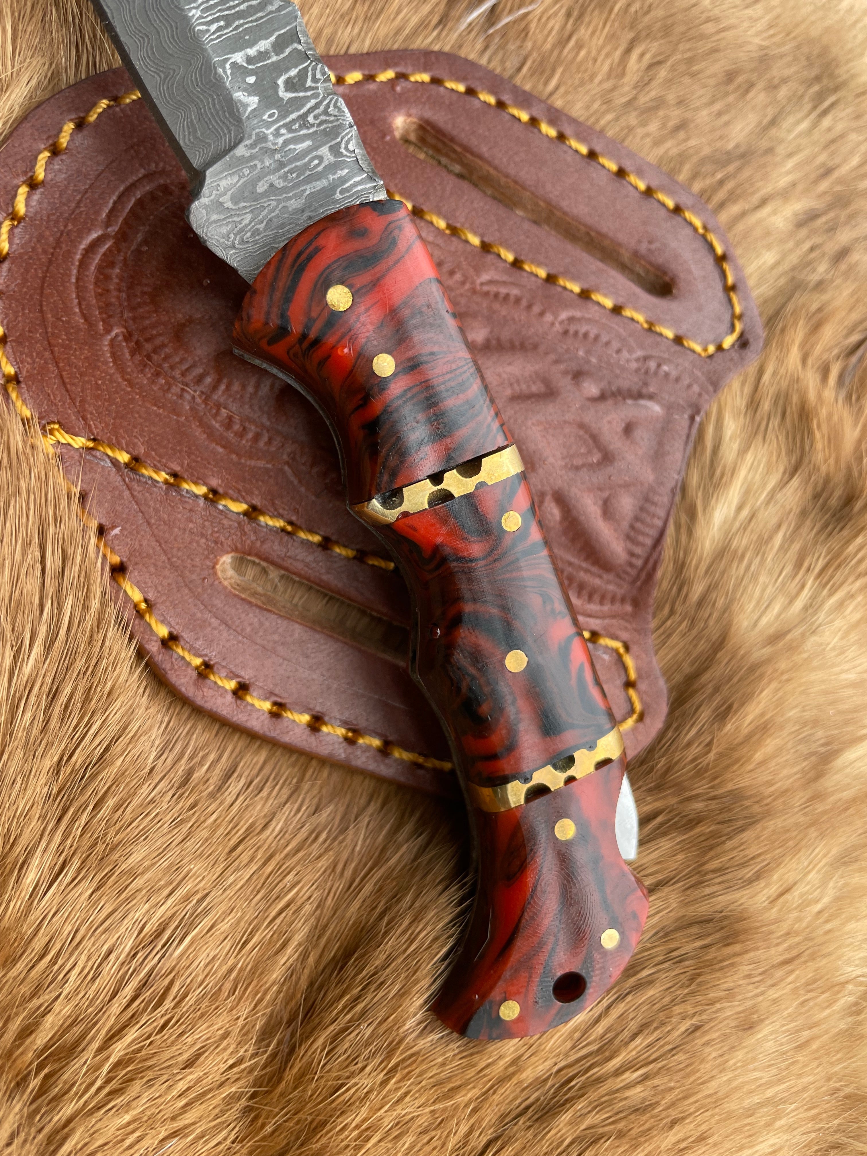 POCKET KNIFE RED RESIN WOOD 6.5'' DAMASCUS STEEL KNIFE STEEL BOLSTER BACK LOCK FOLDING KNIFE BP-18
