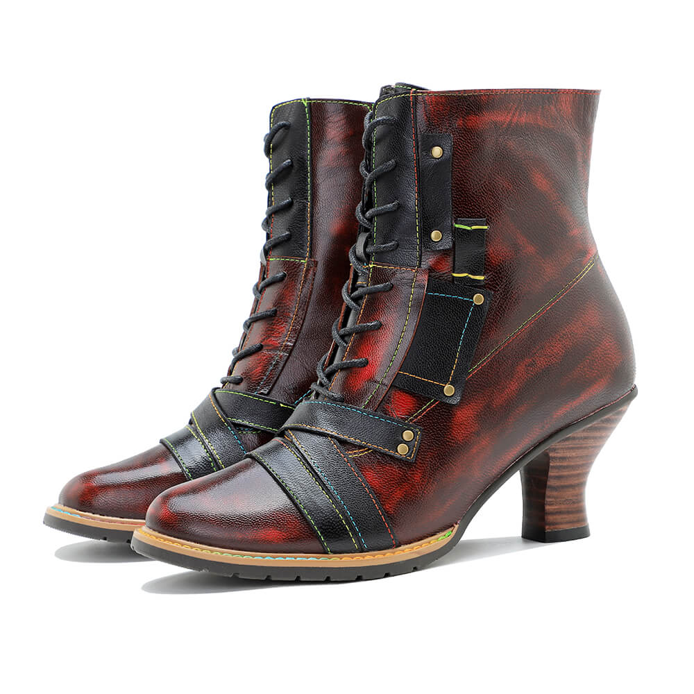 Handcrafted Vintage Mixed Leather High Heel Ankle Boots