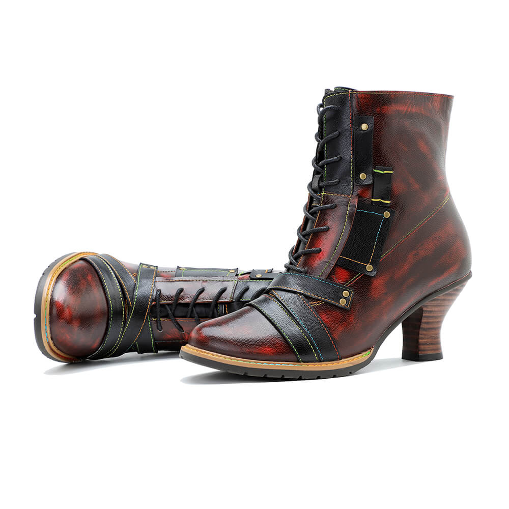 Handcrafted Vintage Mixed Leather High Heel Ankle Boots