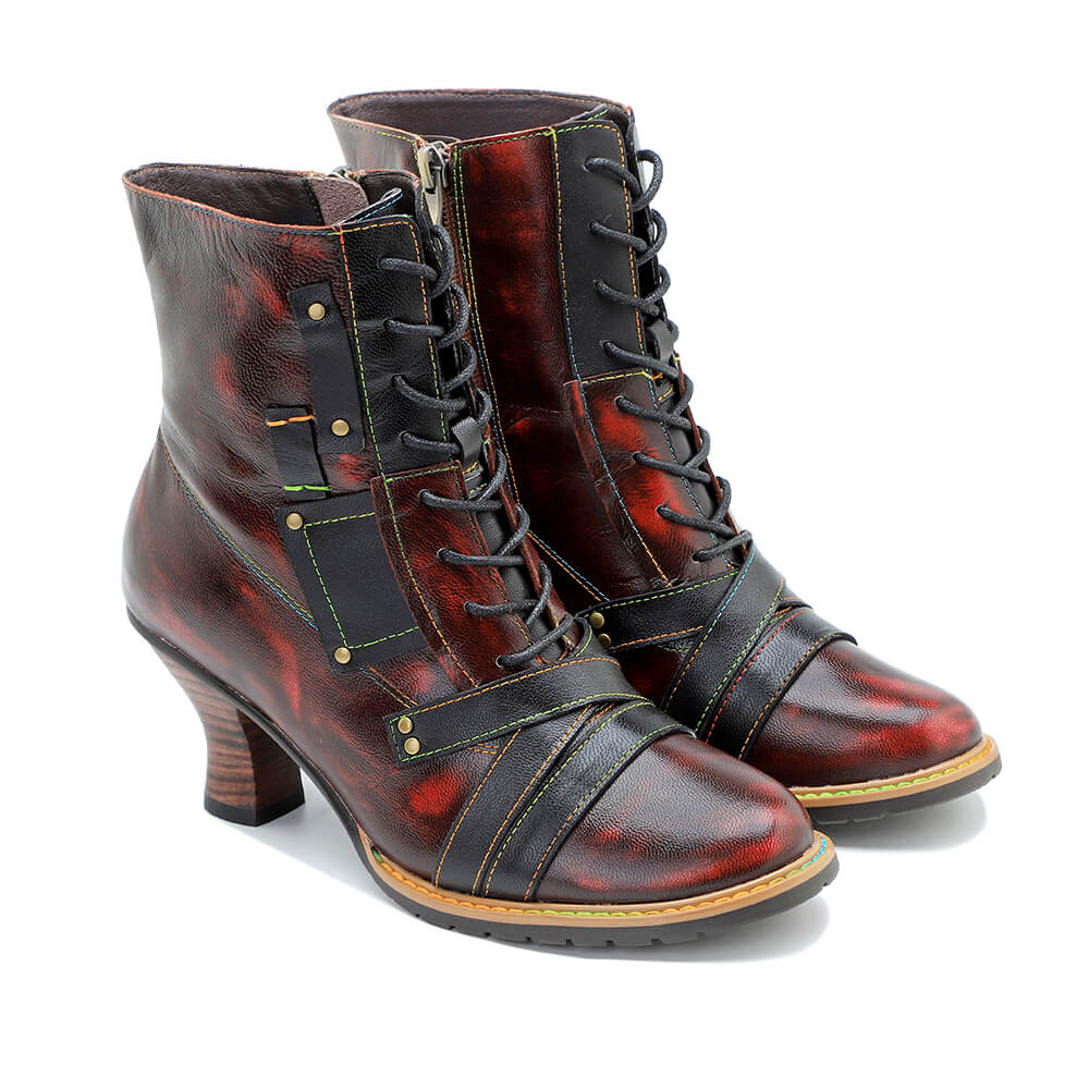 Handcrafted Vintage Mixed Leather High Heel Ankle Boots