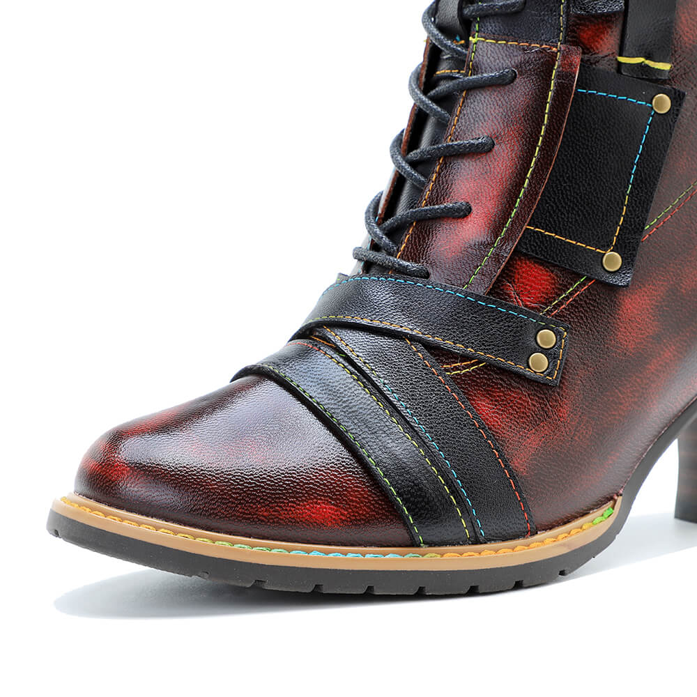 Handcrafted Vintage Mixed Leather High Heel Ankle Boots