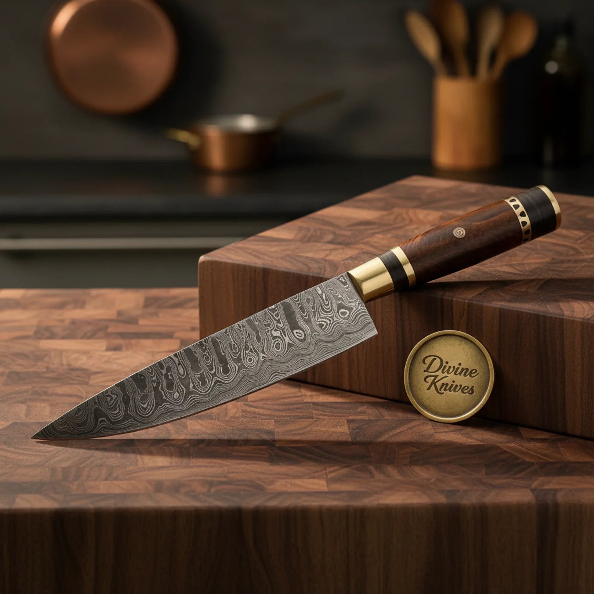 Two-Tone Wood Chef Knife with Brass Ring Accents for Everyday Kitchen Prep