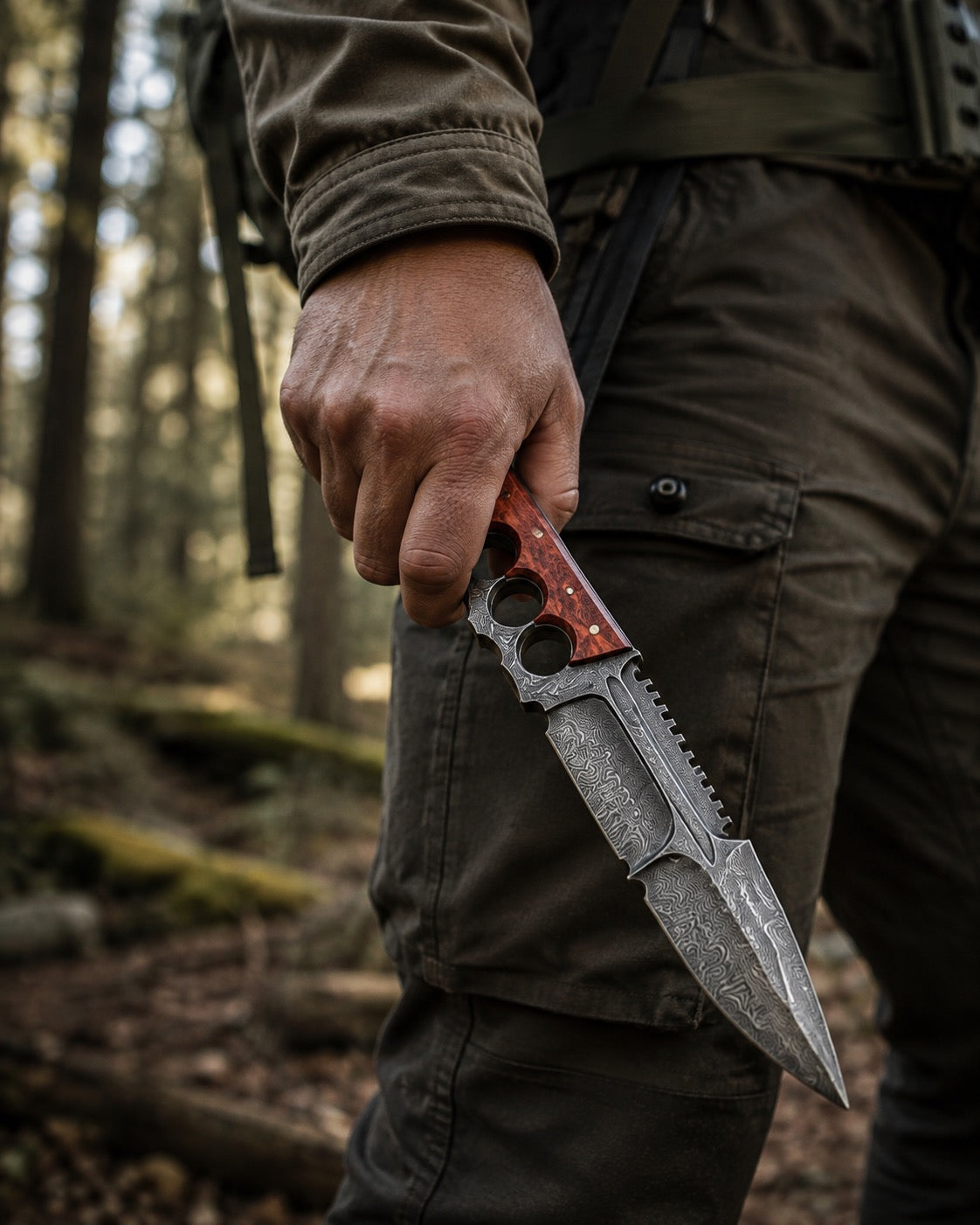 Damascus Tactical Knuckle Knife — Handmade Full Tang with Custom Leather Sheath