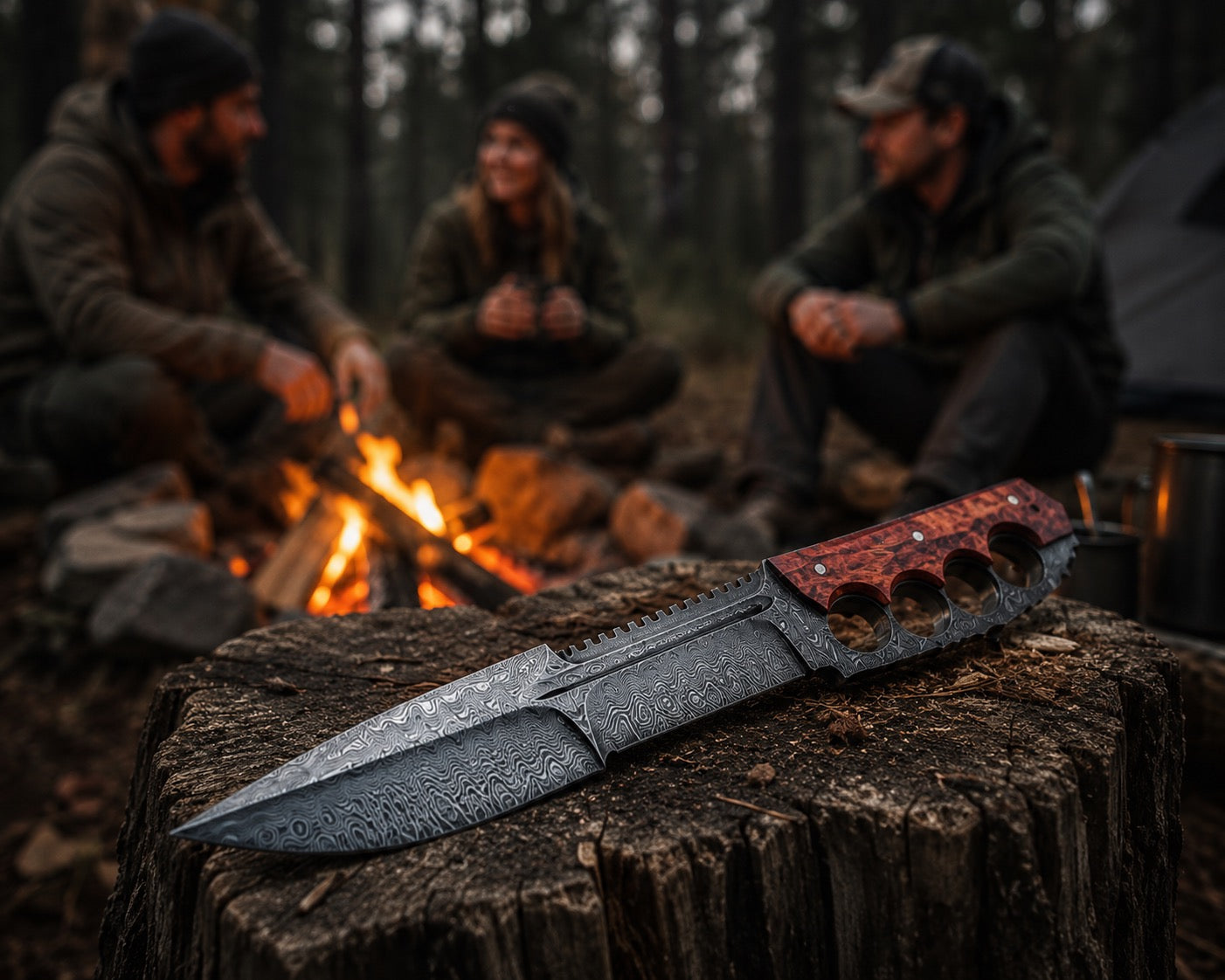 Damascus Tactical Knuckle Knife — Handmade Full Tang with Custom Leather Sheath