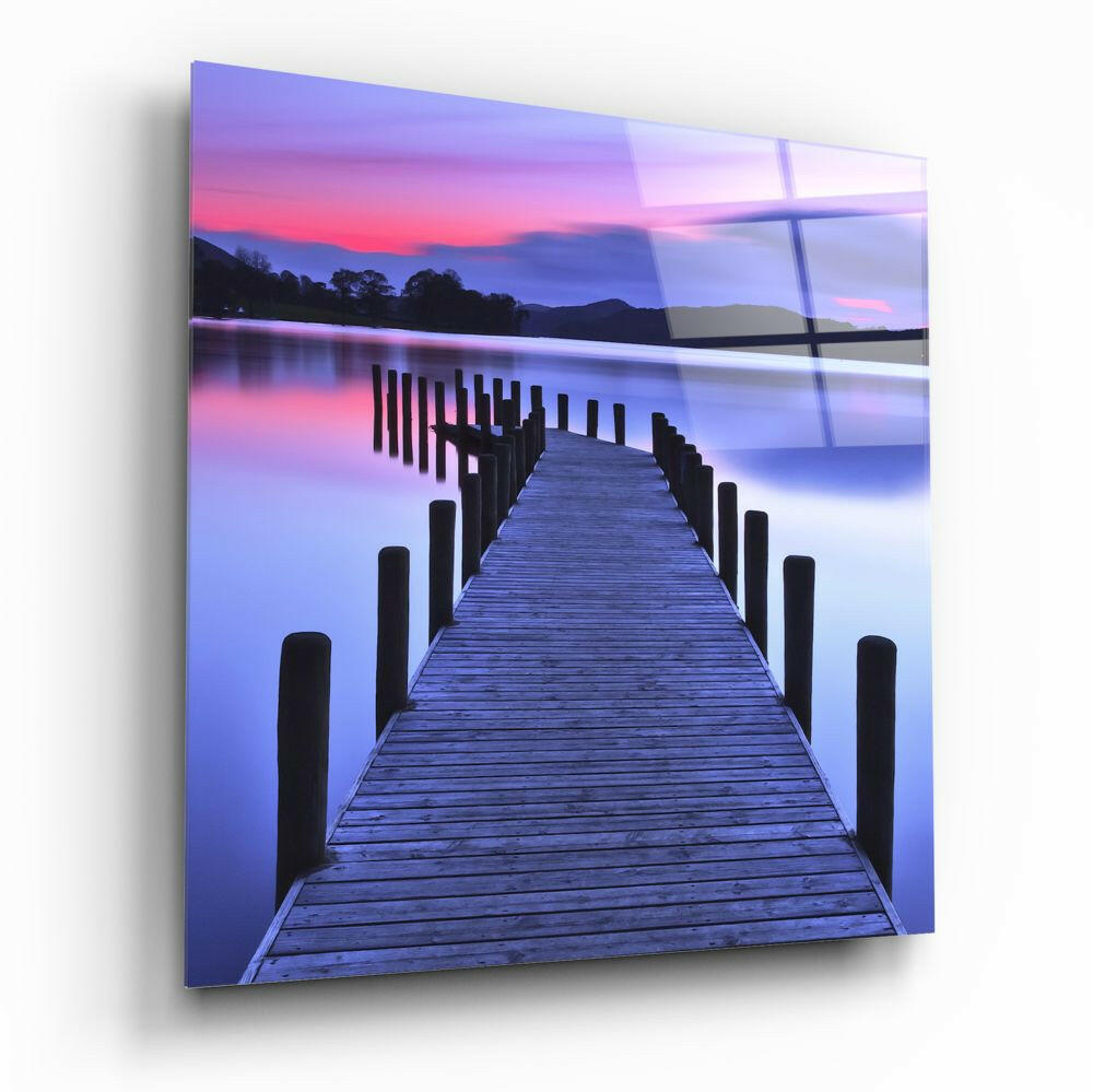 Pink Twilight Lake Jetty Pilings Glass Wall Art