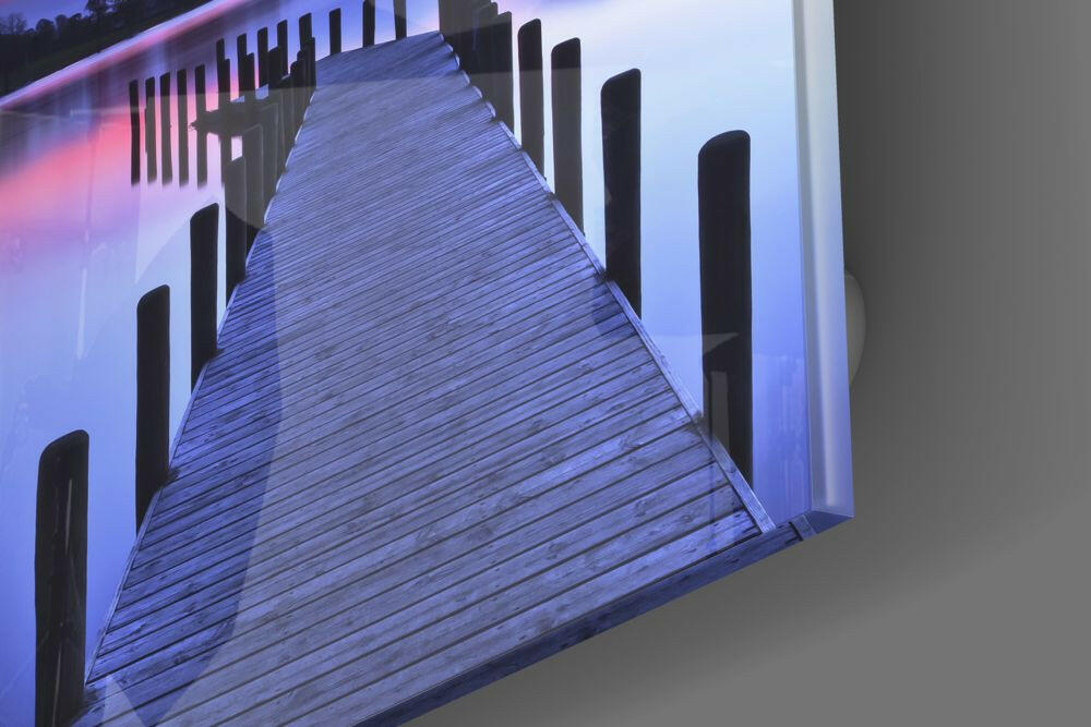 Pink Twilight Lake Jetty Pilings Glass Wall Art