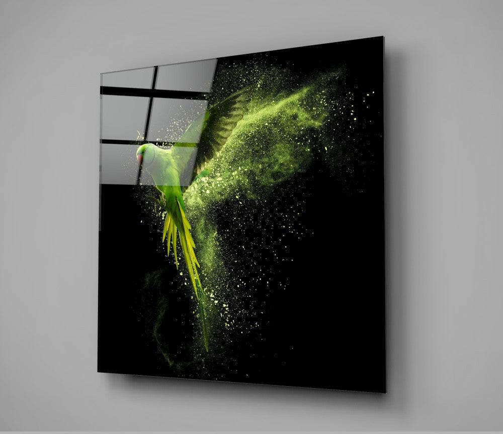 Green Parrot Powder Burst Glass Wall Art