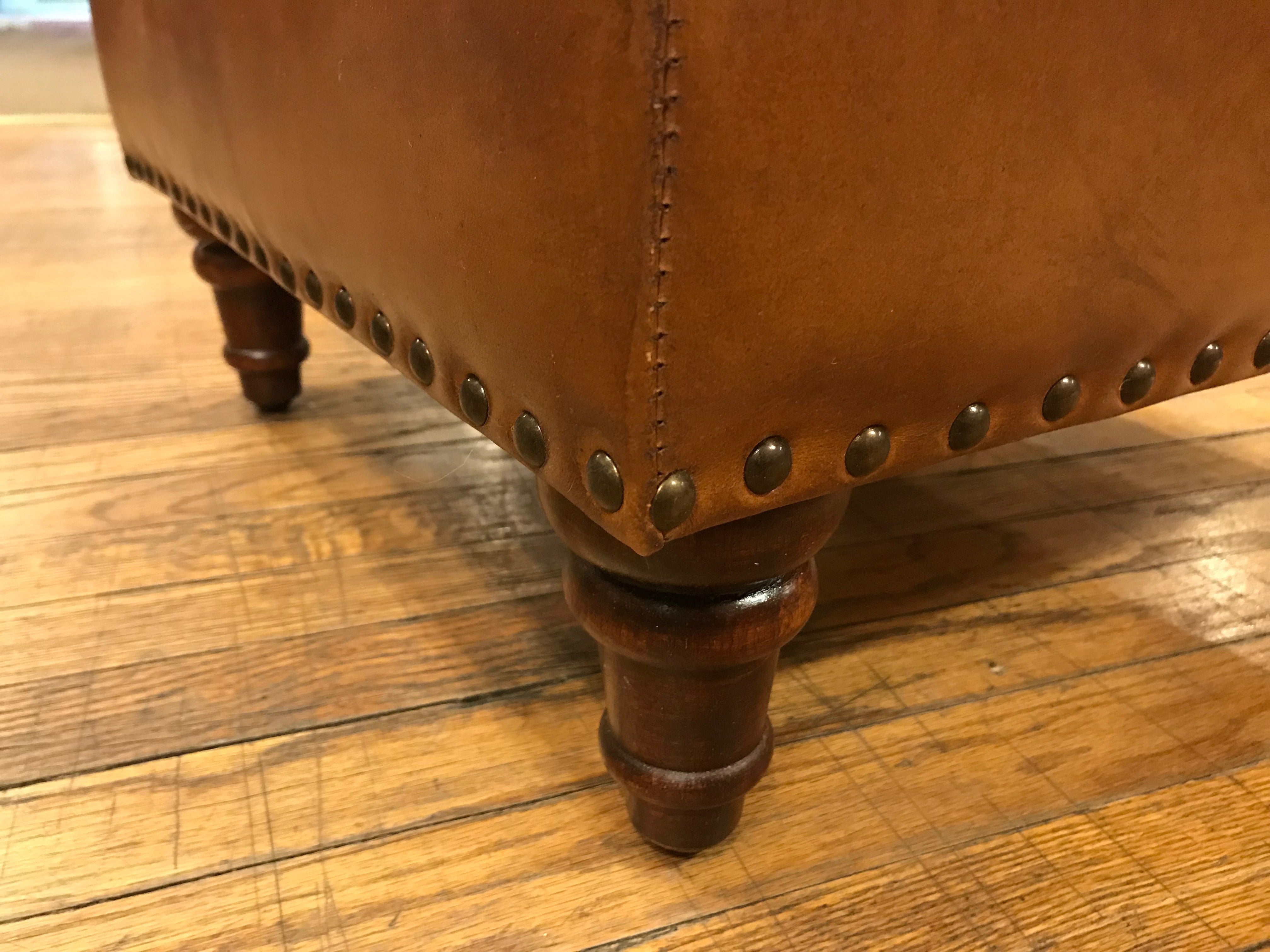 English Stationary Leather Ottoman - Light Brown
