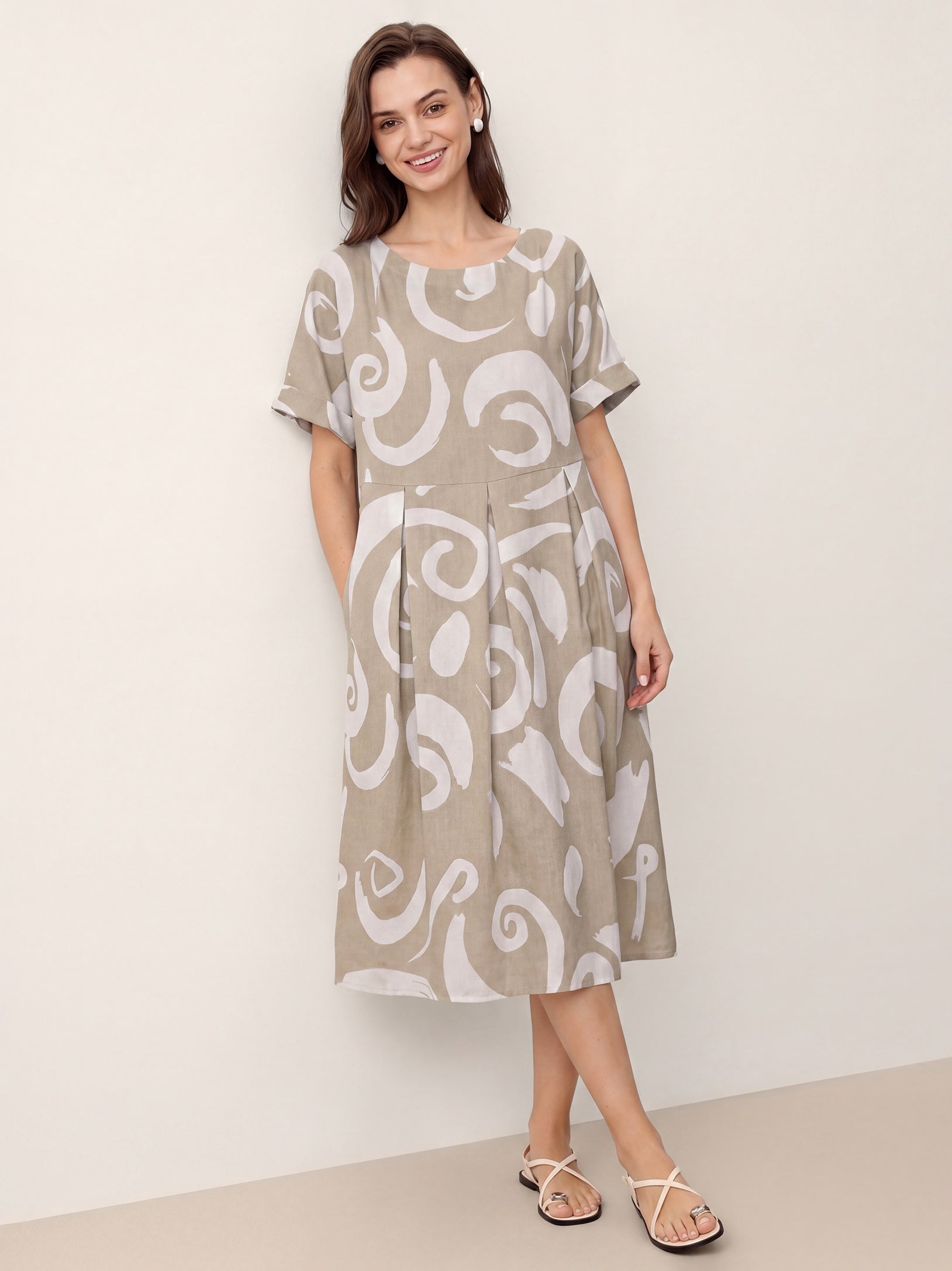 Linen Abstract-Print Pleated-Waist Midi Dress PRIYA