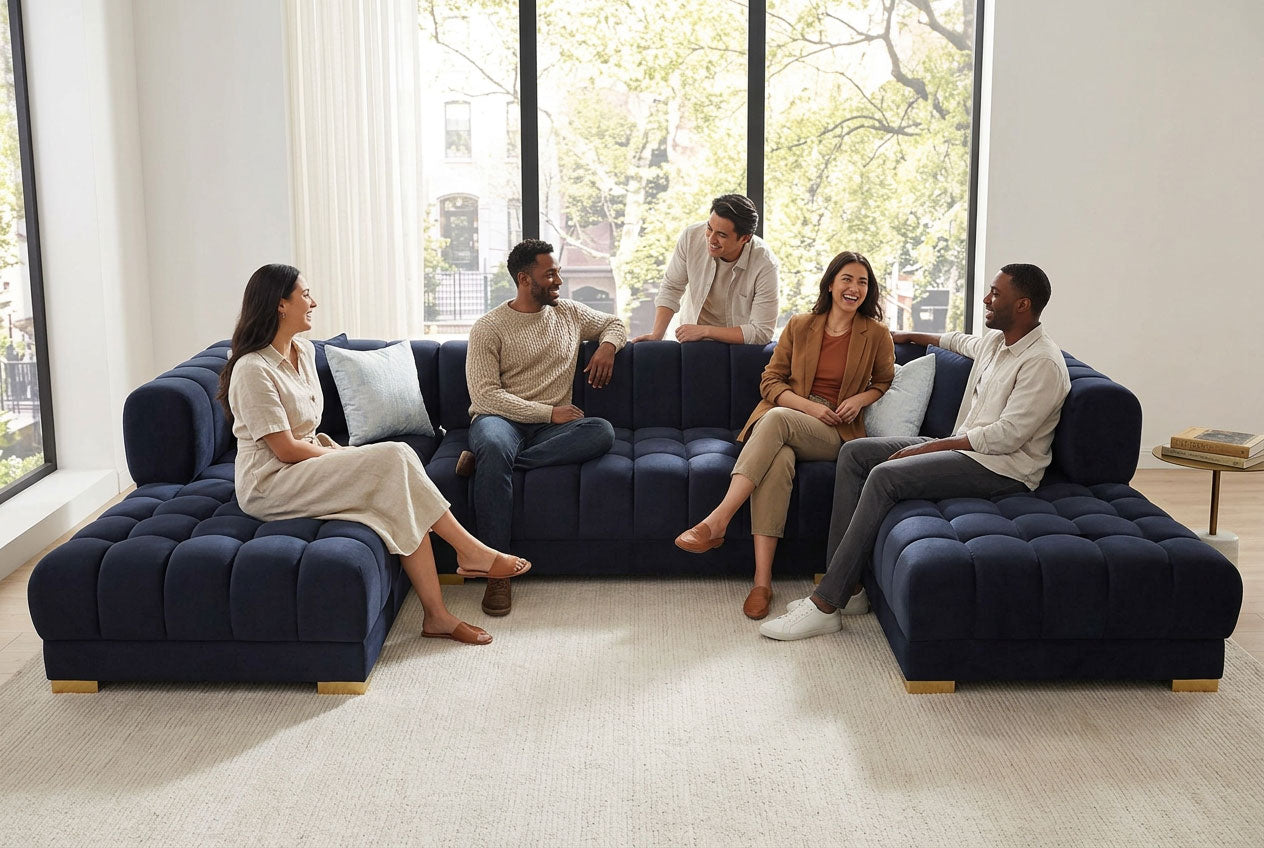 Lipa Black Velvet Double Chaise "U" Shape Sectional Sofa