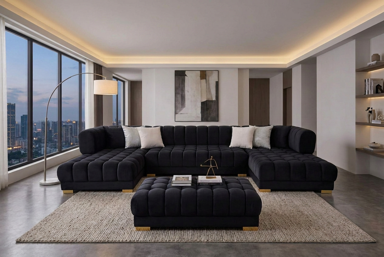 Lipa Black Velvet Double Chaise "U" Shape Sectional Sofa