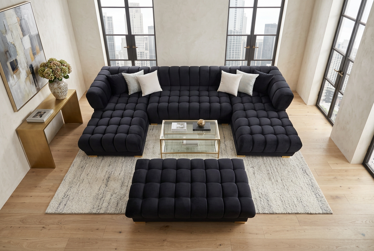 Lipa Black Velvet Double Chaise "U" Shape Sectional Sofa