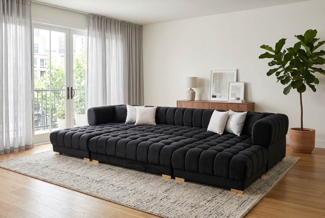 Lipa Black Velvet Double Chaise "U" Shape Sectional Sofa