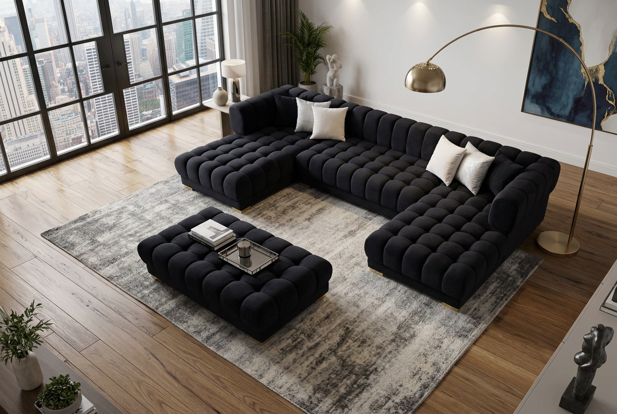 Lipa Black Velvet Double Chaise "U" Shape Sectional Sofa