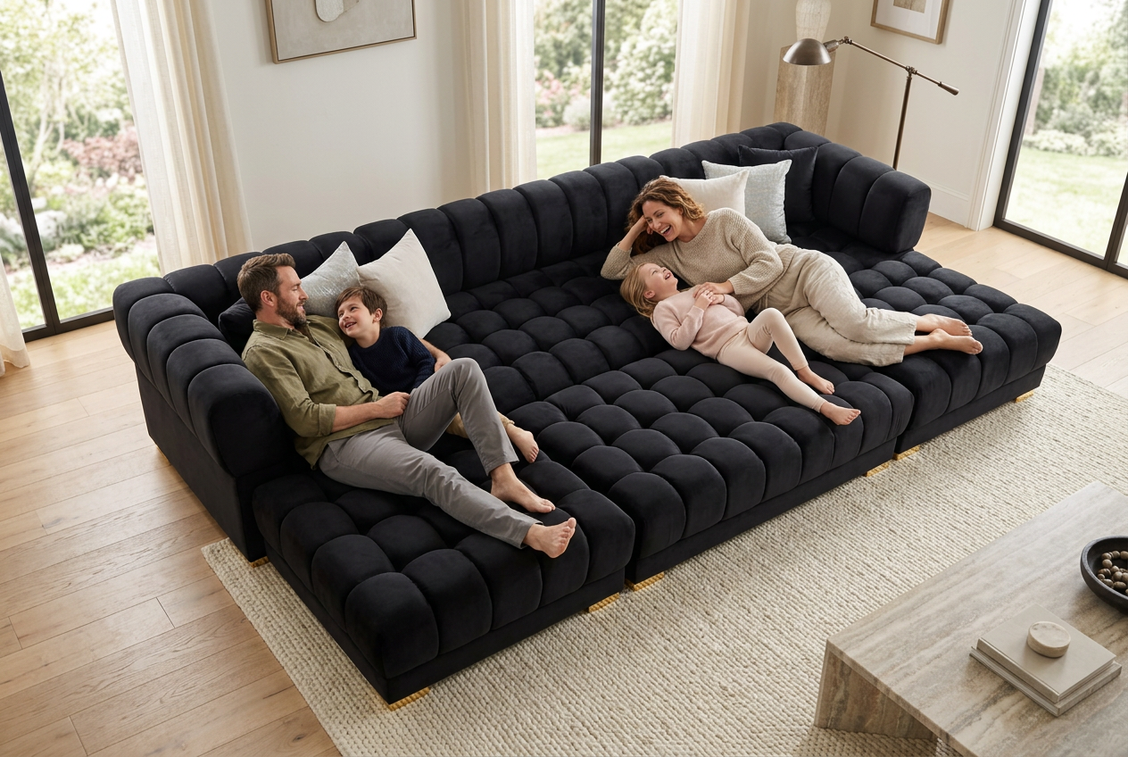 Lipa Black Velvet Double Chaise "U" Shape Sectional Sofa
