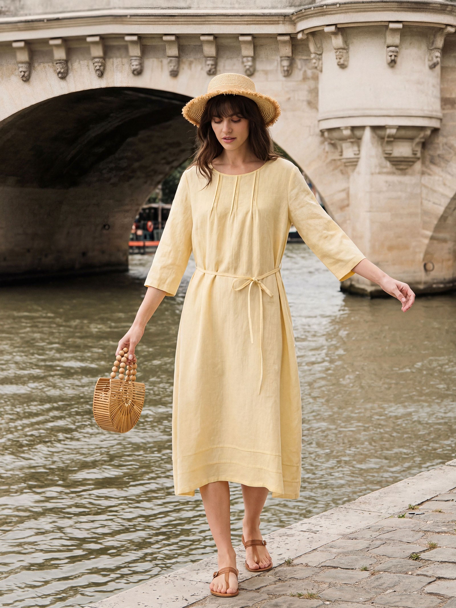 100% Linen Pintucked Embroidered Adjustable Belt Tiered Midi Dress VERENA