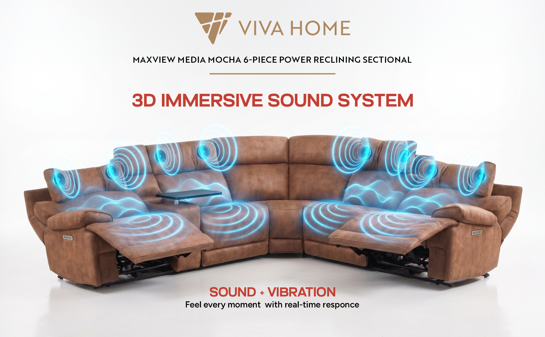 MaxView Media Mocha 6-Piece Power Reclining Sectional with Immersive Sound System