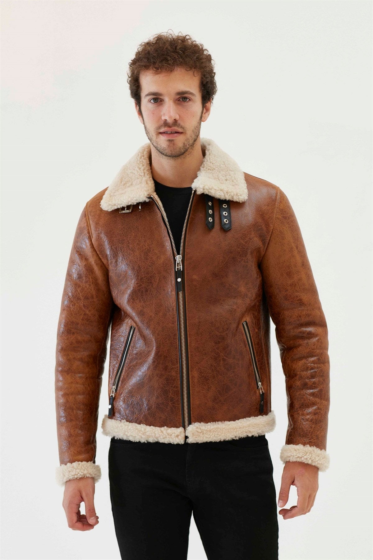Men’s Aviator Tan &amp; Off-White Shearling Jacket