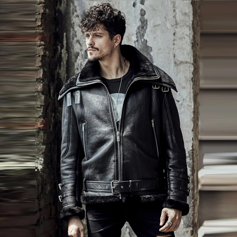 Men’s Double Collar Black B3 Flight Airforce Shearling Aviator Sheepskin Leather Jacket