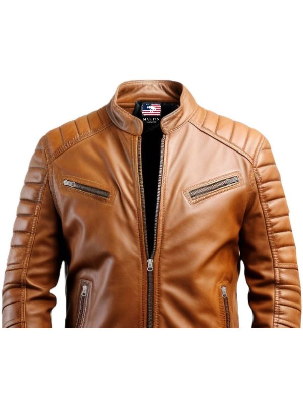 Men Tan Leather Biker Jacket - Leather Jacket for Men