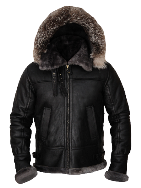 Men Black Shearling Jacket With Hoodie