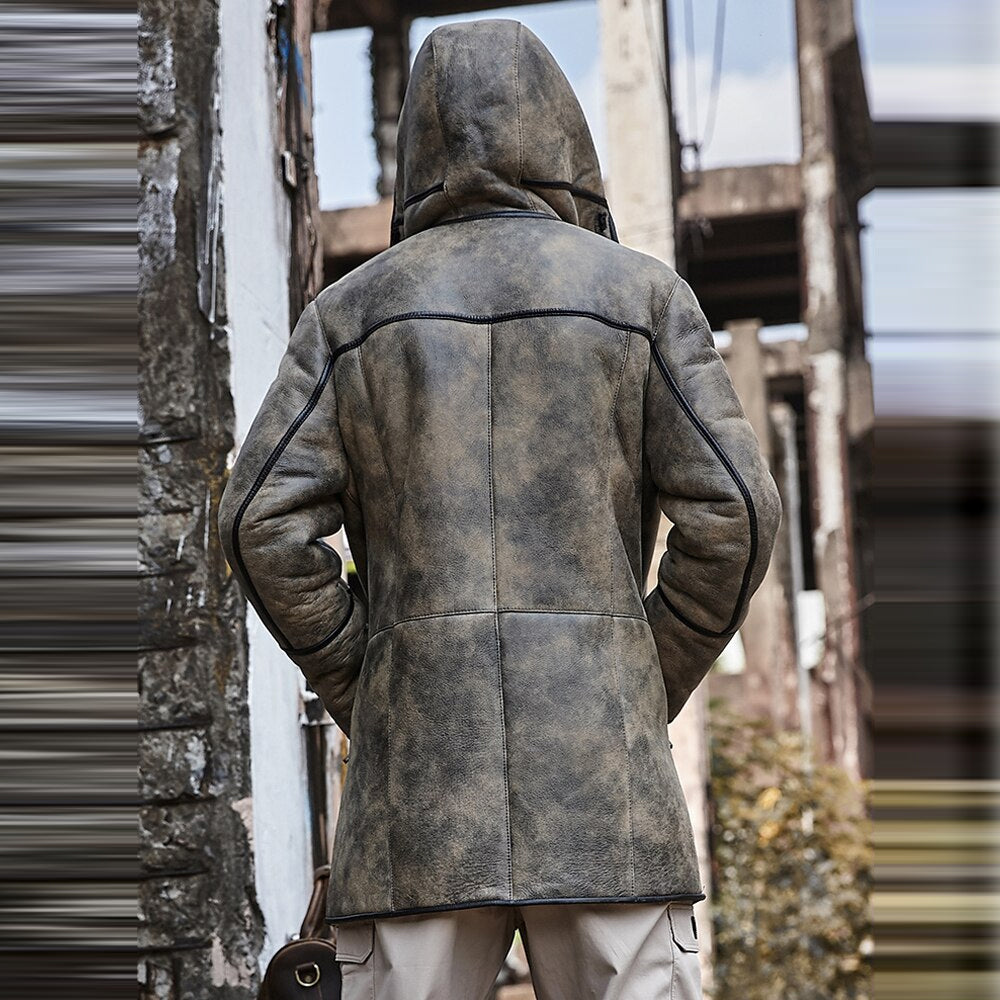 Men’s B7 Hooded RAF Aviator Sheepskin Flying Fur Shearling Jacket Coat