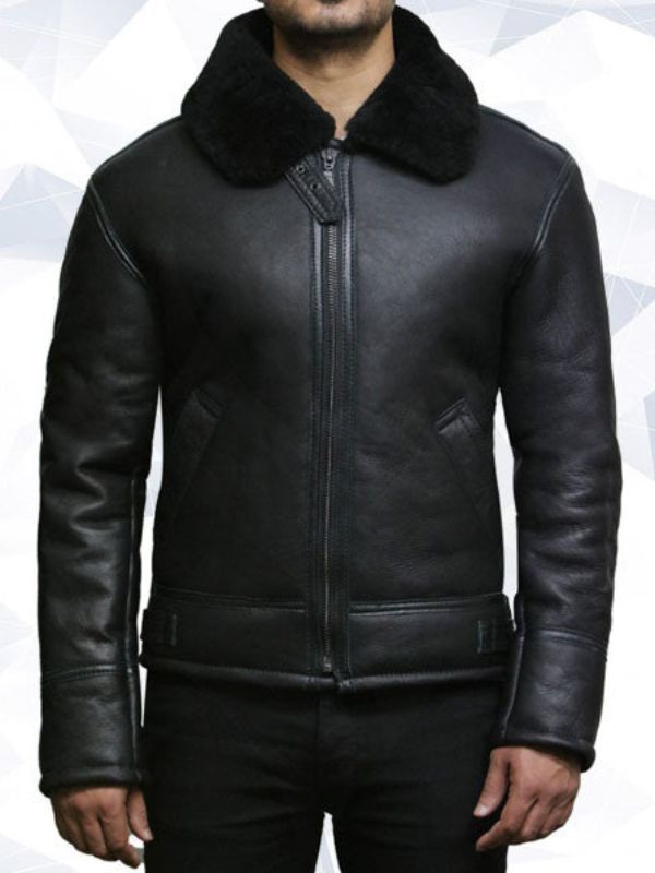 Men’s Black Aviator B3 Real Shearling Sheepskin Leather Bomber Flying Pilot Jacket