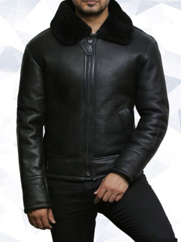 Men’s Black Aviator B3 Real Shearling Sheepskin Leather Bomber Flying Pilot Jacket