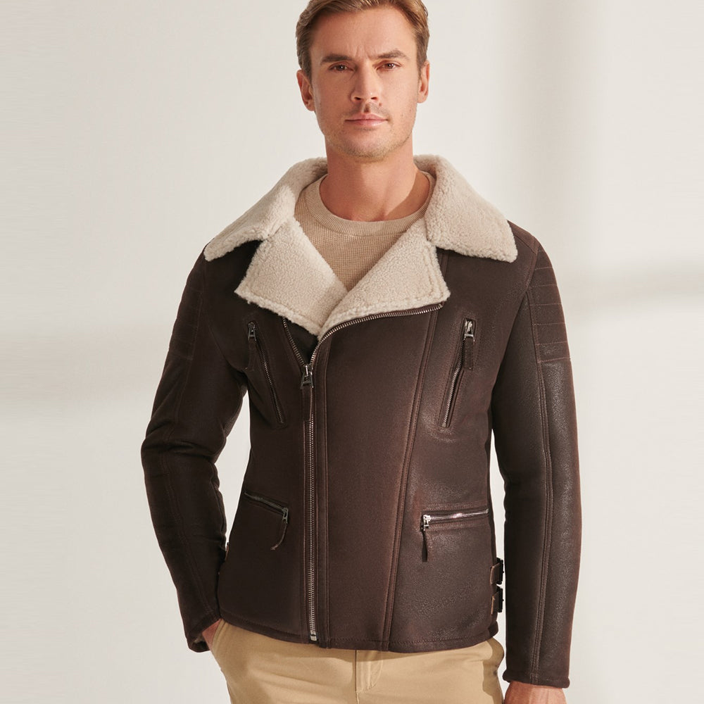 Men’s Brown B3 Pilot Sheepskin Shearling Biker Aviator Jacket